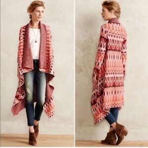 Anthropologie | Sleeping On Snow Red Aztec Long Open Front Waterfall Cardigan S